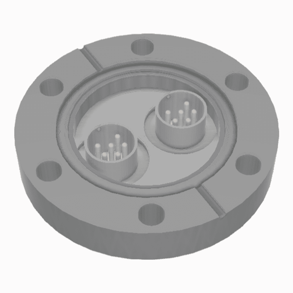 DN40CF FLANGE, 2 x 6 PIN CIRCULAR MINIATURE FEEDTHROUGHS, UHV, 500V DC, 5 AMPS MAX