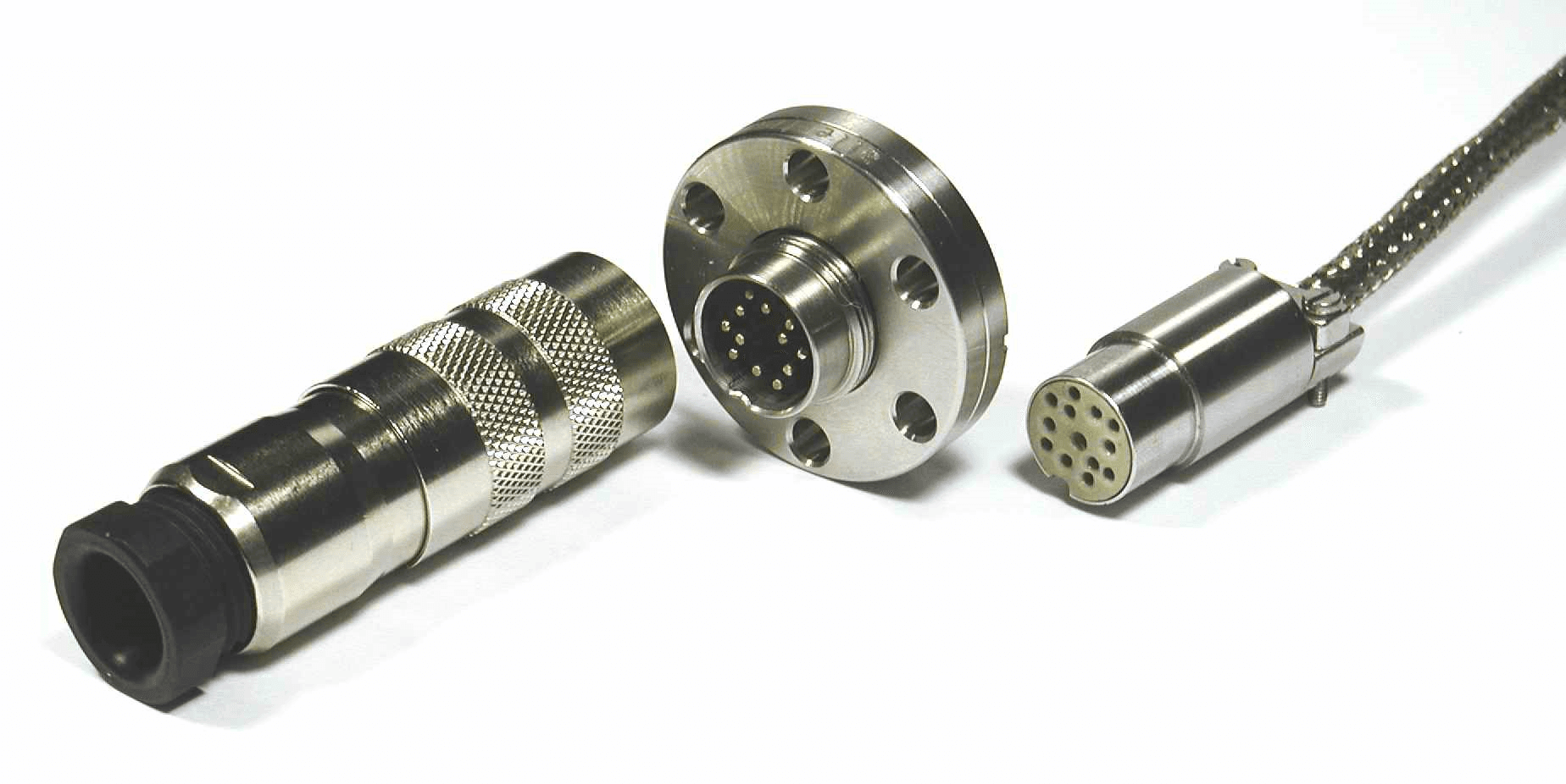 DN40CF FLANGE WITH 6 PIN CM FEEDTHROUGH SET, UHV & AIR SIDE CONNECTORS, STRAIN RELIEF