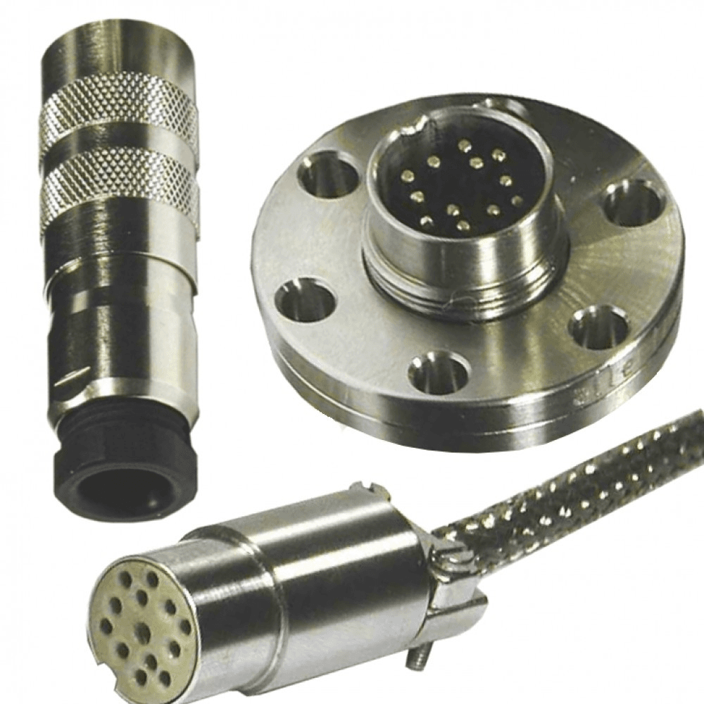 DN16CF FLANGE WITH 12 PIN CM FEEDTHROUGH SET, UHV & AIR SIDE CONNECTORS, STRAIN RELIEF